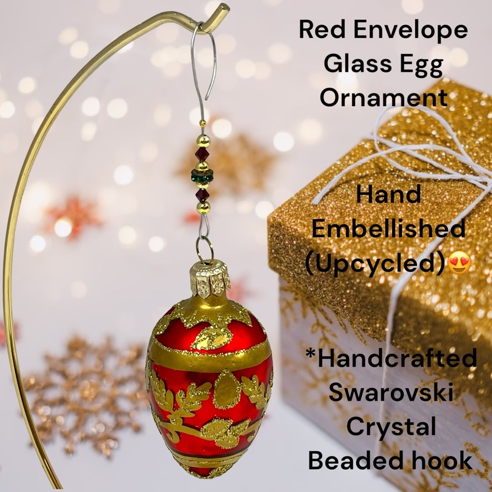 Red Envelope red & gold glass egg Christmas ornament w/handmade beaded hook